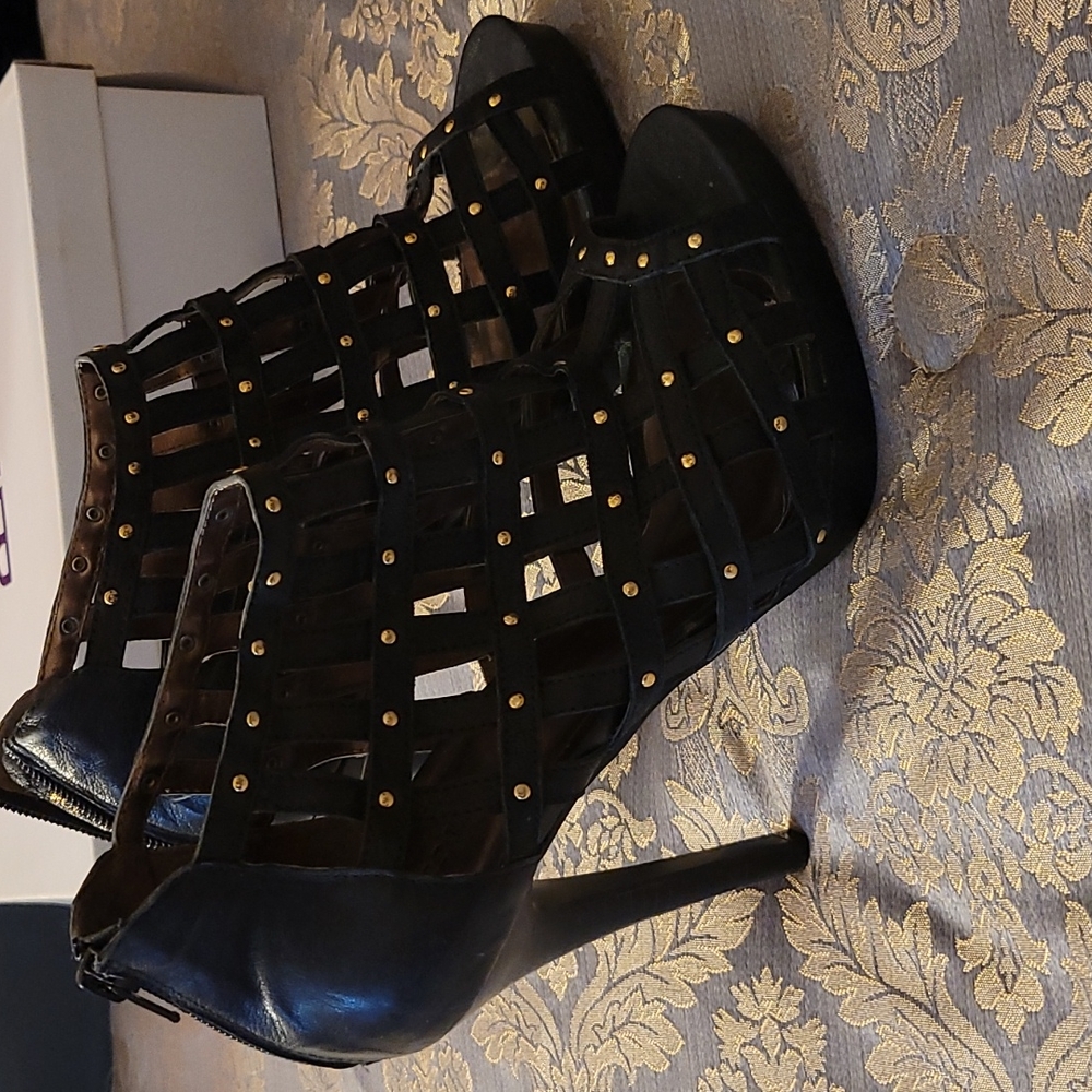 Black Leather Zip-Back Studded Heels